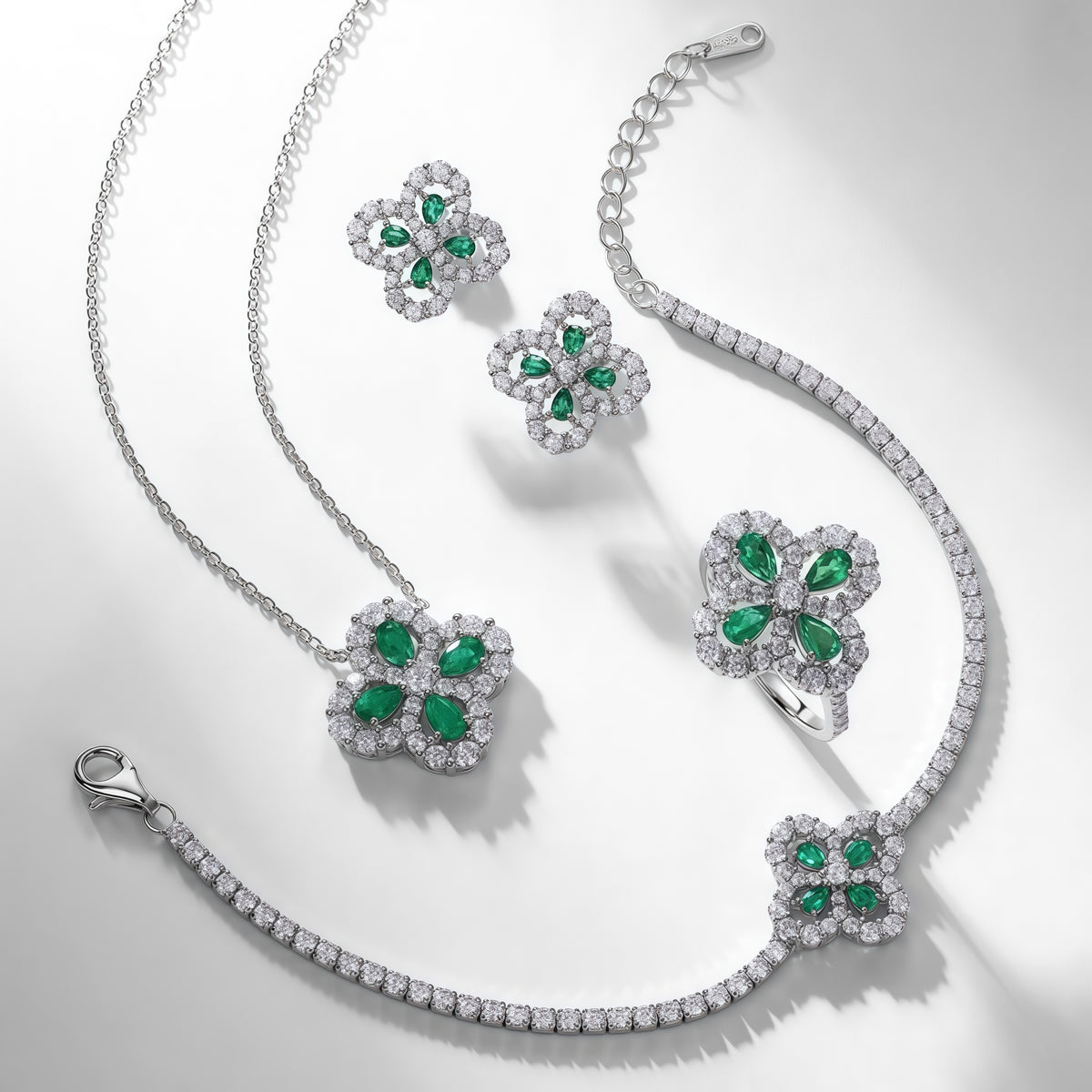 Art Deco Lab-Grown Emerald Pendant & Earrings Set - S925 - Dapaza