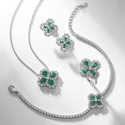 Art Deco Lab-Grown Emerald Pendant & Earrings Set - S925 - Dapaza