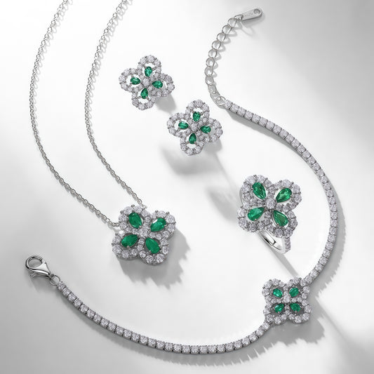Art Deco Lab-Grown Emerald Pendant & Earrings Set - S925 - Dapaza