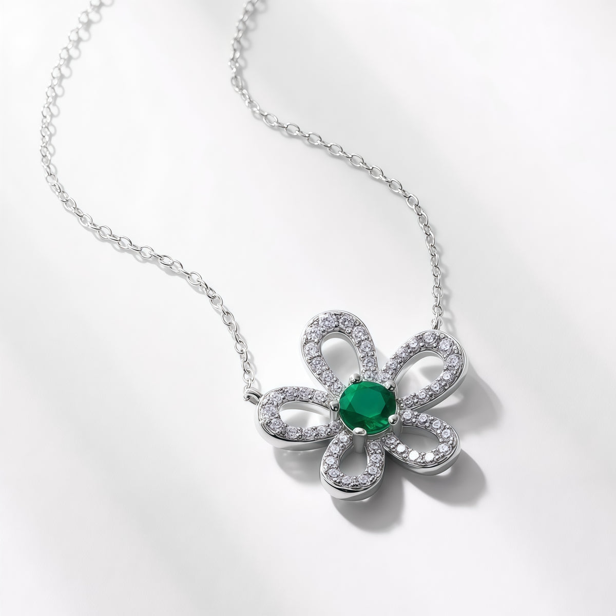 Premium Artisanal Petal: Lab-Grown Emerald Flower Pendant Necklace | 925 Silver