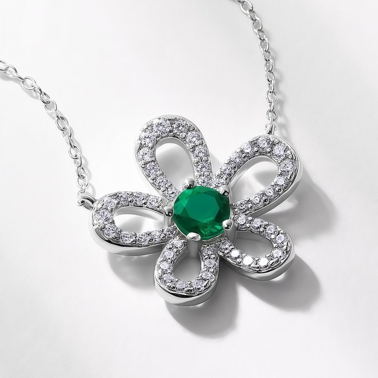 Premium Artisanal Petal: Lab-Grown Emerald Flower Pendant Necklace | 925 Silver