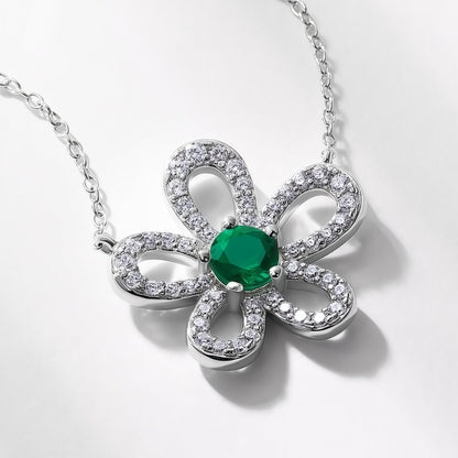 Premium Artisanal Petal: Lab-Grown Emerald Flower Pendant Necklace | 925 Silver