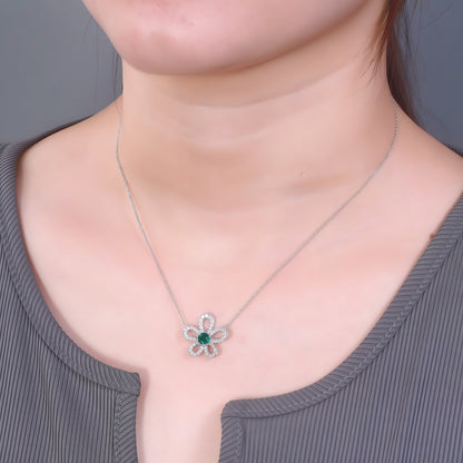 Premium Artisanal Petal: Lab-Grown Emerald Flower Pendant Necklace | 925 Silver