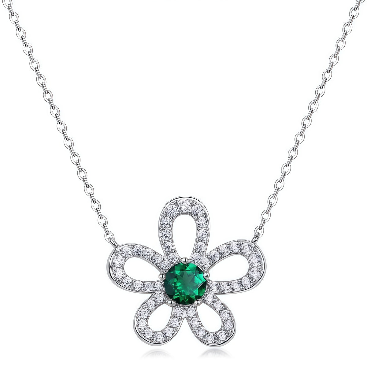 Premium Artisanal Petal: Lab-Grown Emerald Flower Pendant Necklace | 925 Silver