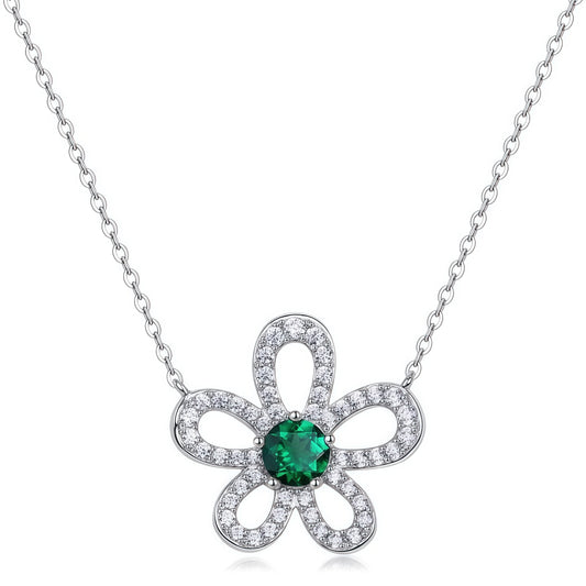 Artisanal Petal: Lab-Grown Emerald Flower Pendant Necklace | 925 Silver | Dapaza