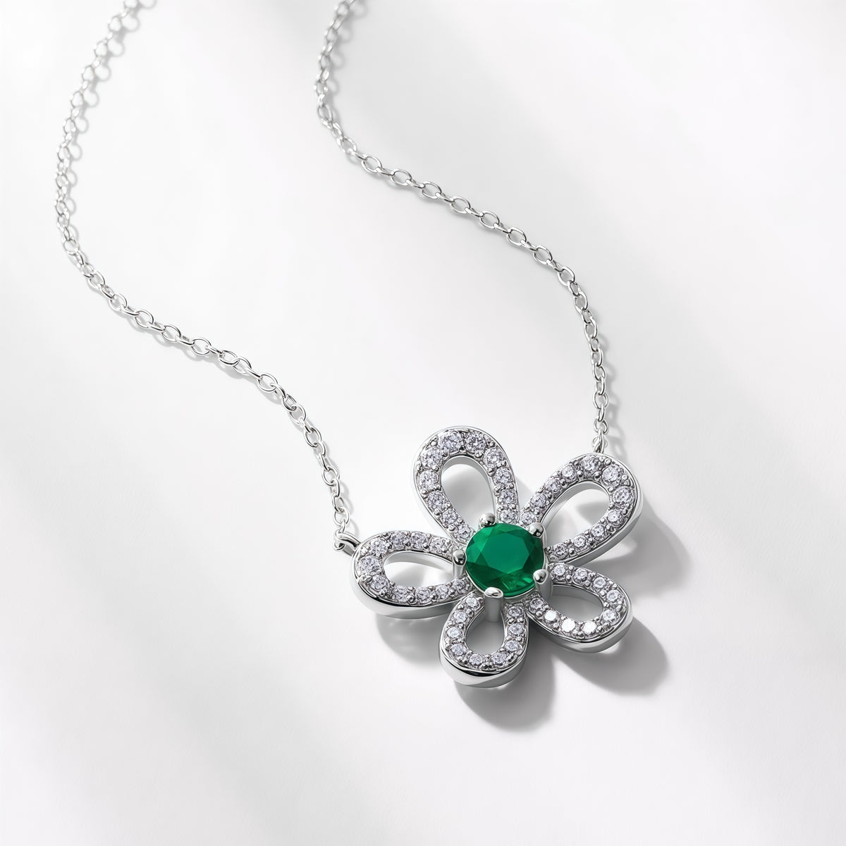 Premium Artisanal Petal: Lab-Grown Emerald Flower Pendant Necklace | 925 Silver