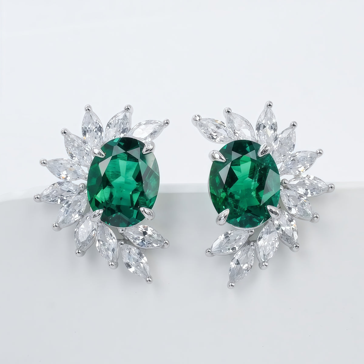 Halo-Set Lab-Grown Emerald Flower Stud Earrings - 925 Silver - Dapaza