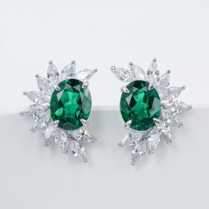 Halo-Set Lab-Grown Emerald Flower Stud Earrings - 925 Silver - Dapaza