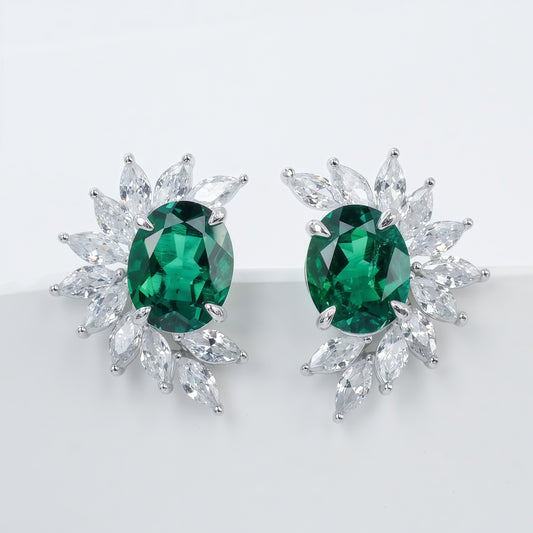 Halo-Set Lab-Grown Emerald Flower Stud Earrings - 925 Silver - Dapaza