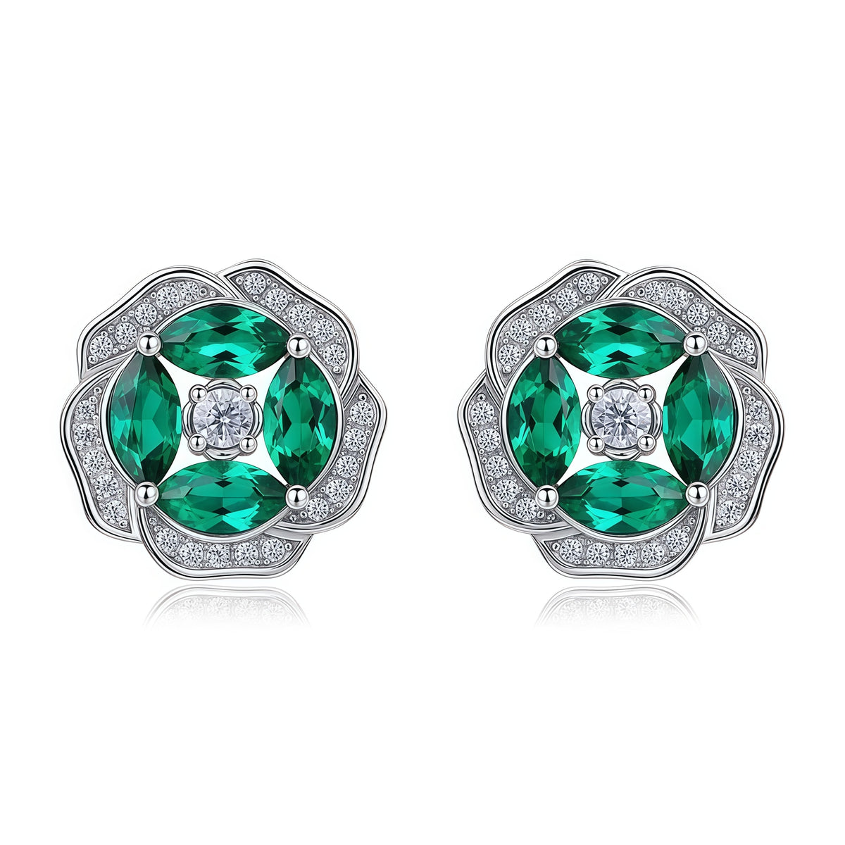 Premium Botanical Bliss: Floral Lab-Grown Emerald Stud Earrings | 925 Silver