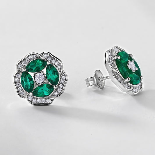 Botanical Bliss: Floral Lab-Grown Emerald Stud Earrings | 925 Silver | Dapaza