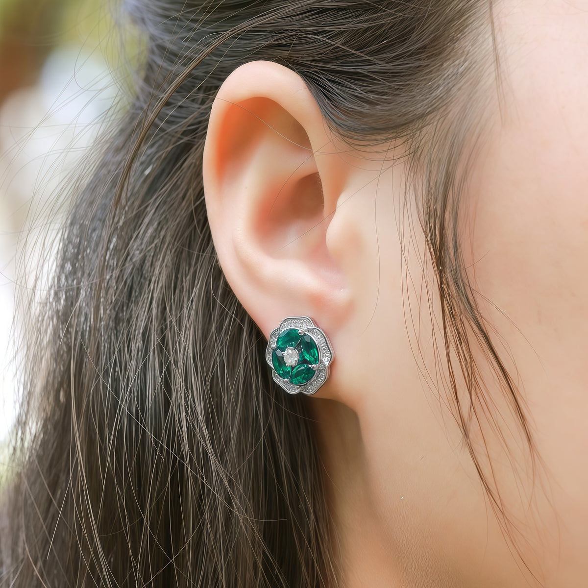 Premium Botanical Bliss: Floral Lab-Grown Emerald Stud Earrings | 925 Silver