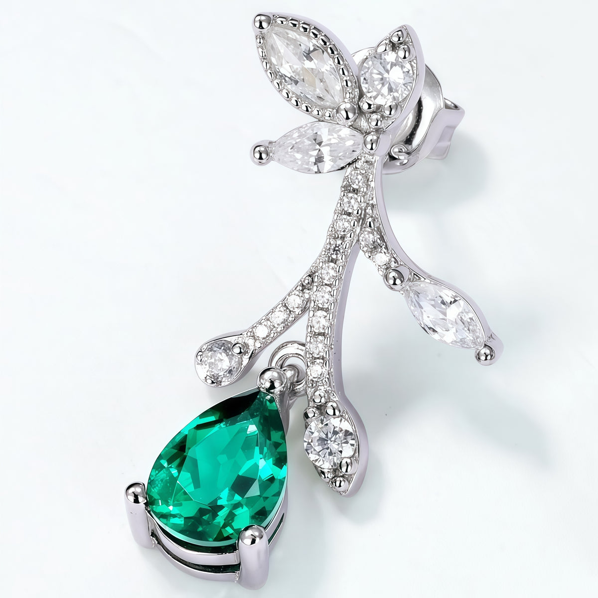 Pear-Cut Lab-Grown Emerald Flower Earrings - S925 - Dapaza
