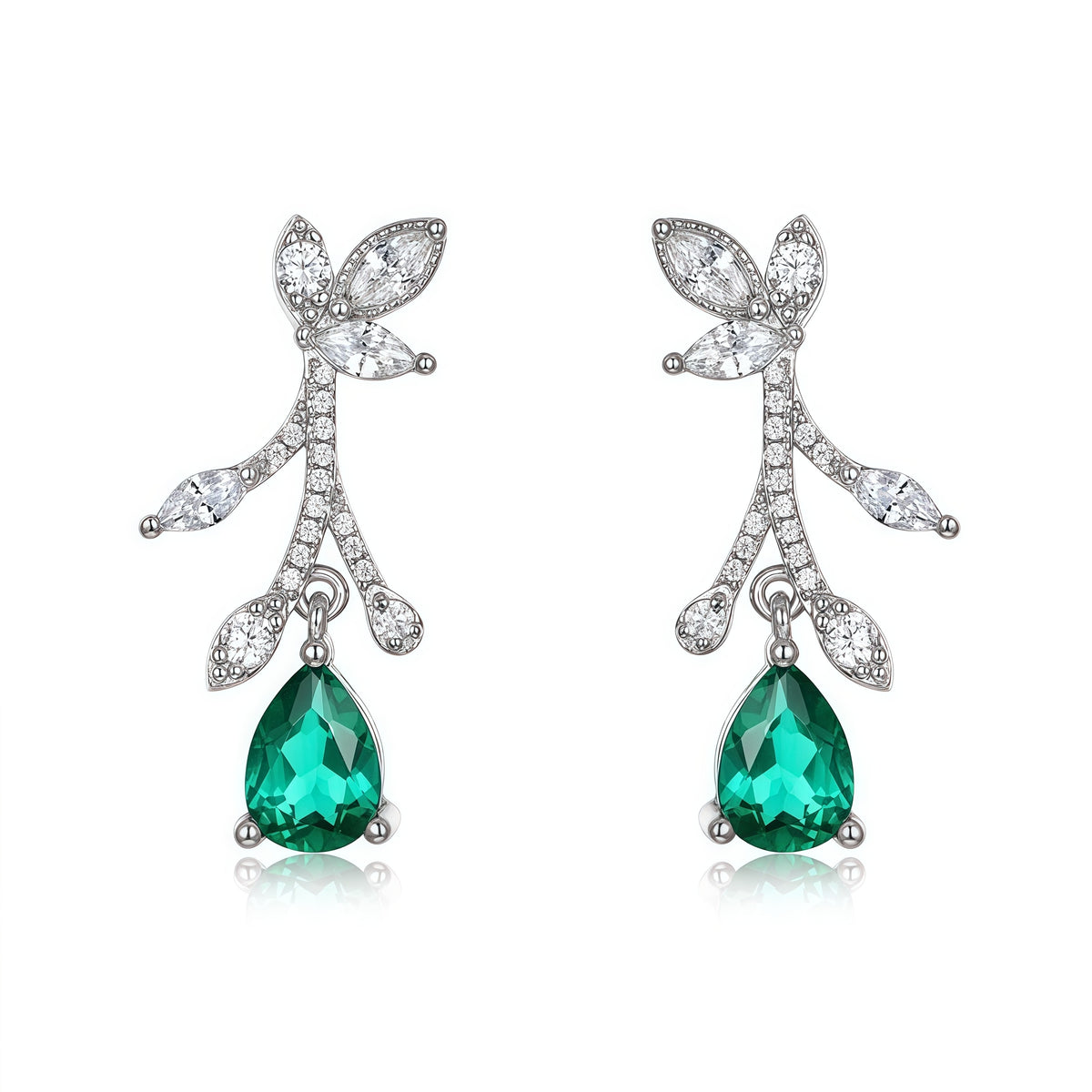 Pear-Cut Lab-Grown Emerald Flower Earrings - S925 - Dapaza