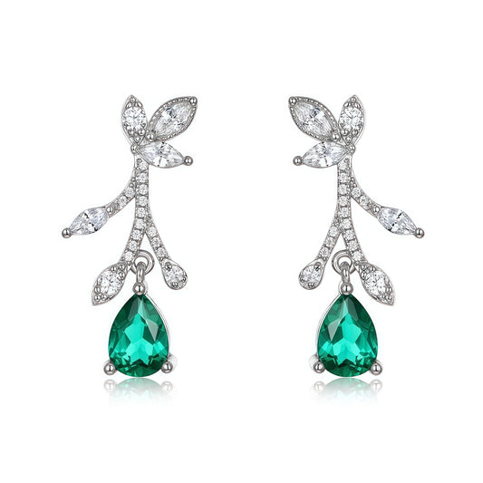 Botanical Pear-Cut Lab-Grown Emerald Flower Branch Drop Earrings | 925 Silver | Dapaza