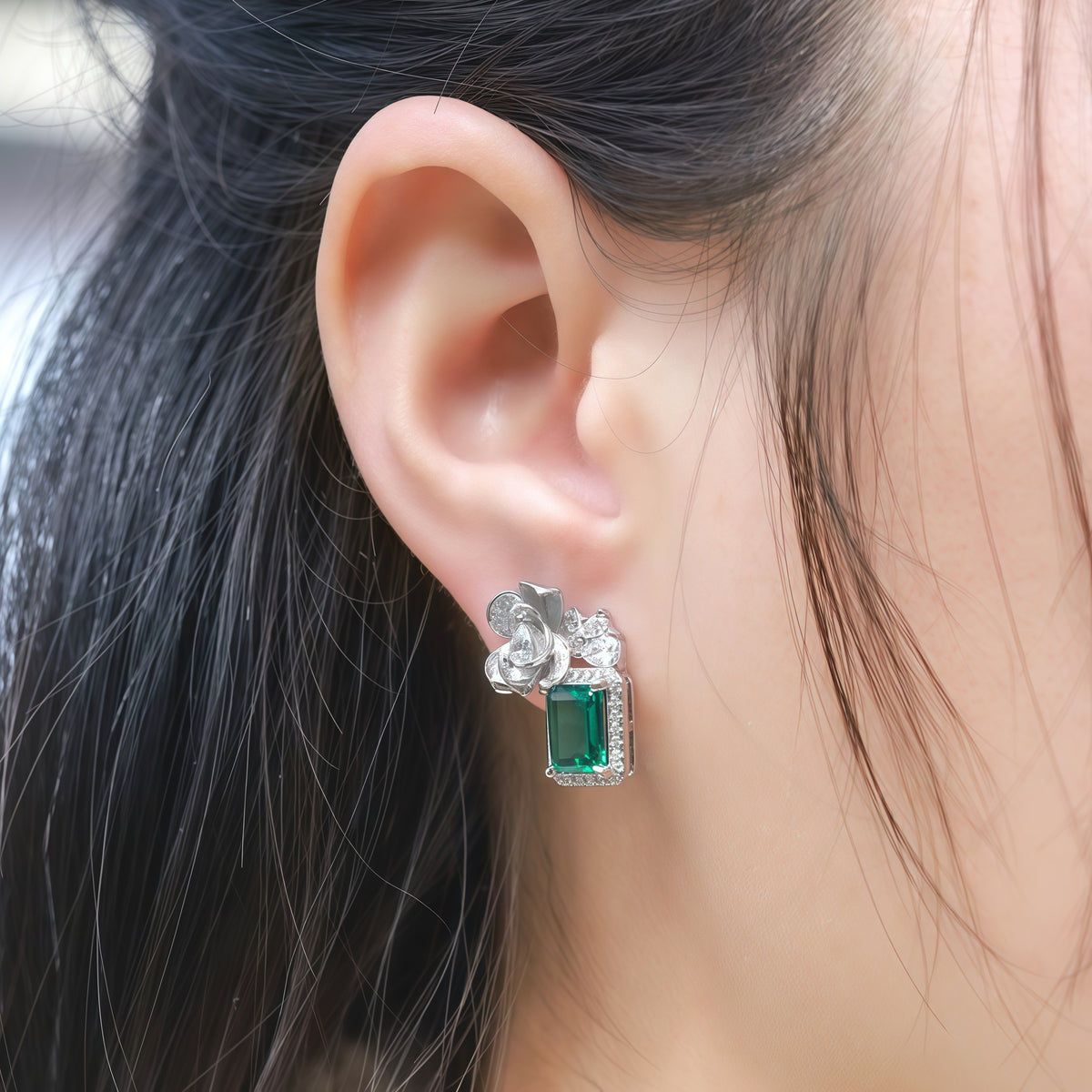 Hand-Engraved Lab-Grown Emerald Floral Studs - 925 Silver - Dapaza