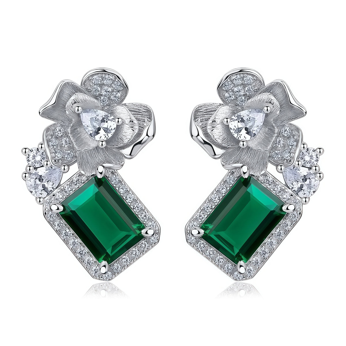 Hand-Engraved Lab-Grown Emerald Floral Studs - 925 Silver - Dapaza