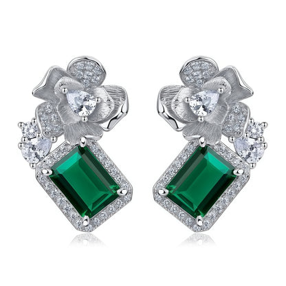 Hand-Engraved Lab-Grown Emerald Floral Studs - 925 Silver - Dapaza