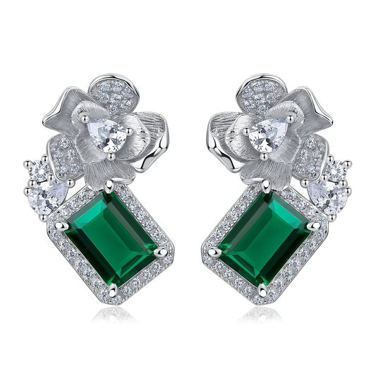 Brushed Gold: Hand-Engraved Lab-Grown Emerald Floral Stud Earrings | 925 Silver | Dapaza