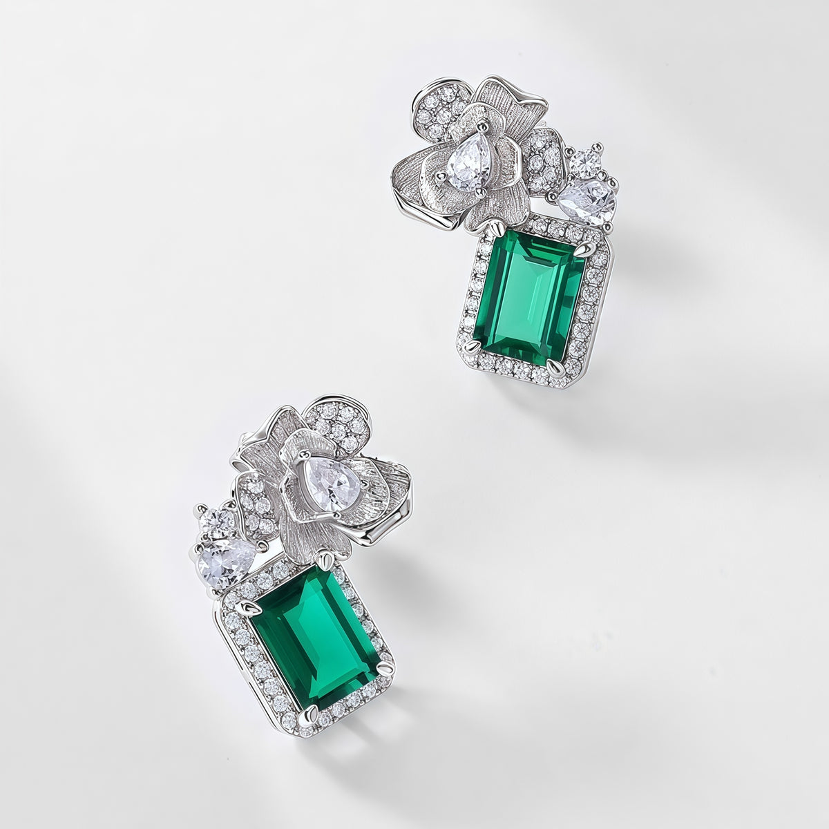 Hand-Engraved Lab-Grown Emerald Floral Studs - 925 Silver - Dapaza
