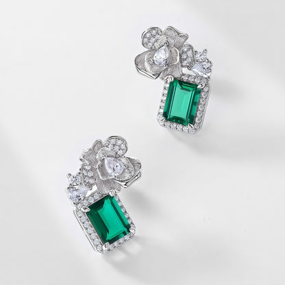 Hand-Engraved Lab-Grown Emerald Floral Studs - 925 Silver - Dapaza