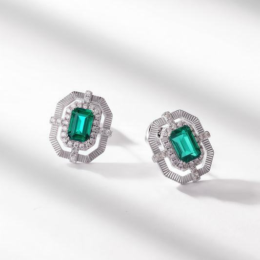 Brushed Retro: Octagonal Lab-Grown Emerald Stud Earrings | 925 Silver | Dapaza