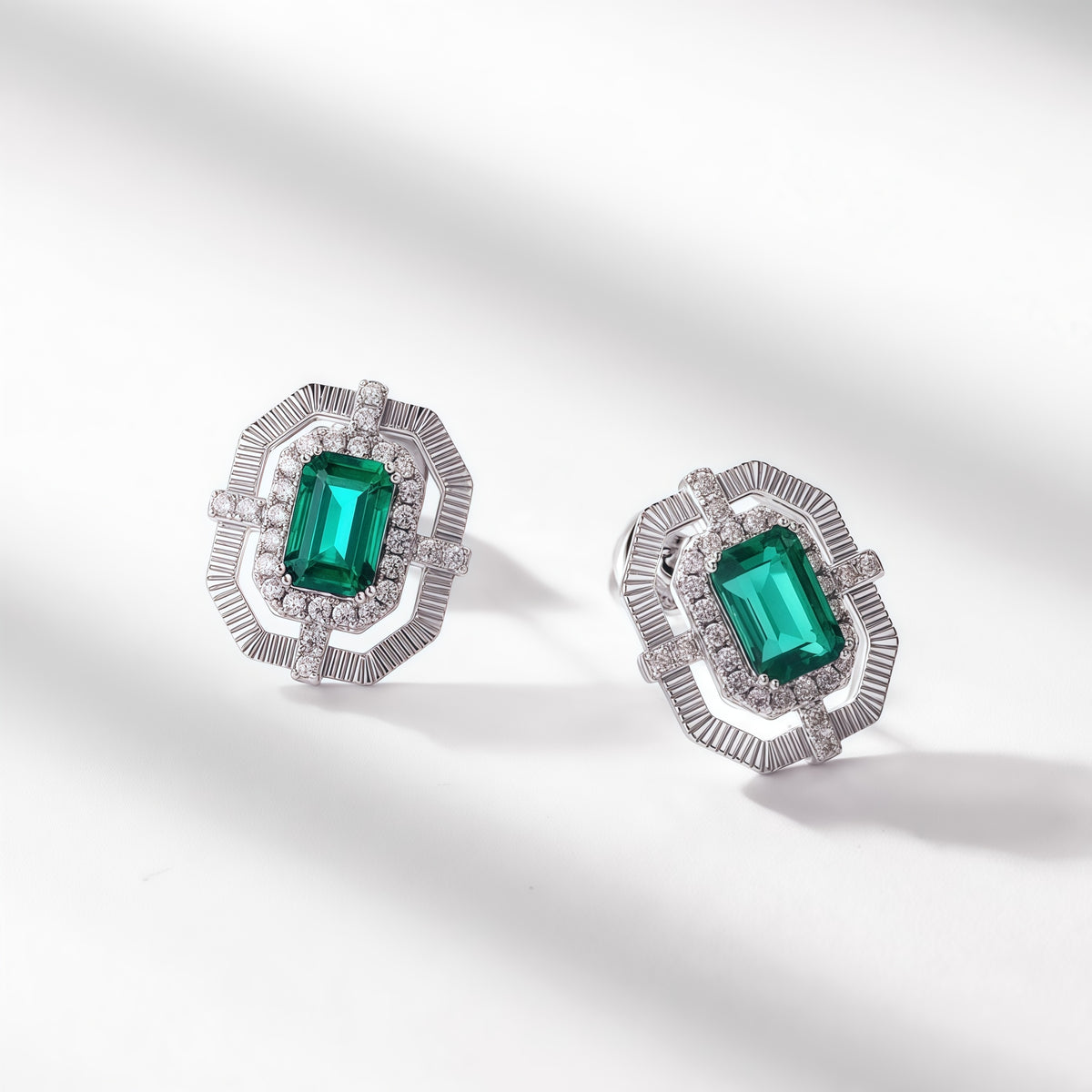Premium Brushed Retro: Octagonal Lab-Grown Emerald Stud Earrings | 925 Silver