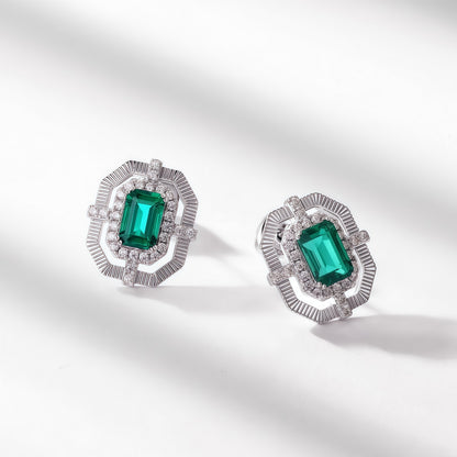 Premium Brushed Retro: Octagonal Lab-Grown Emerald Stud Earrings | 925 Silver