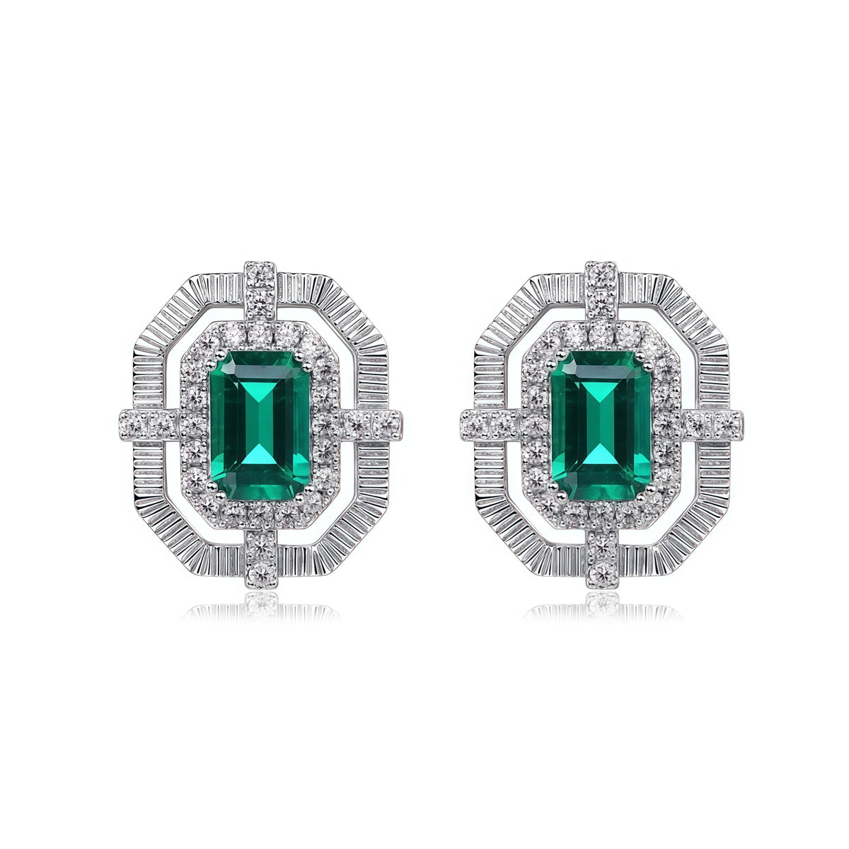 Premium Brushed Retro: Octagonal Lab-Grown Emerald Stud Earrings | 925 Silver