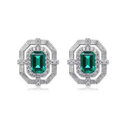 Premium Brushed Retro: Octagonal Lab-Grown Emerald Stud Earrings | 925 Silver