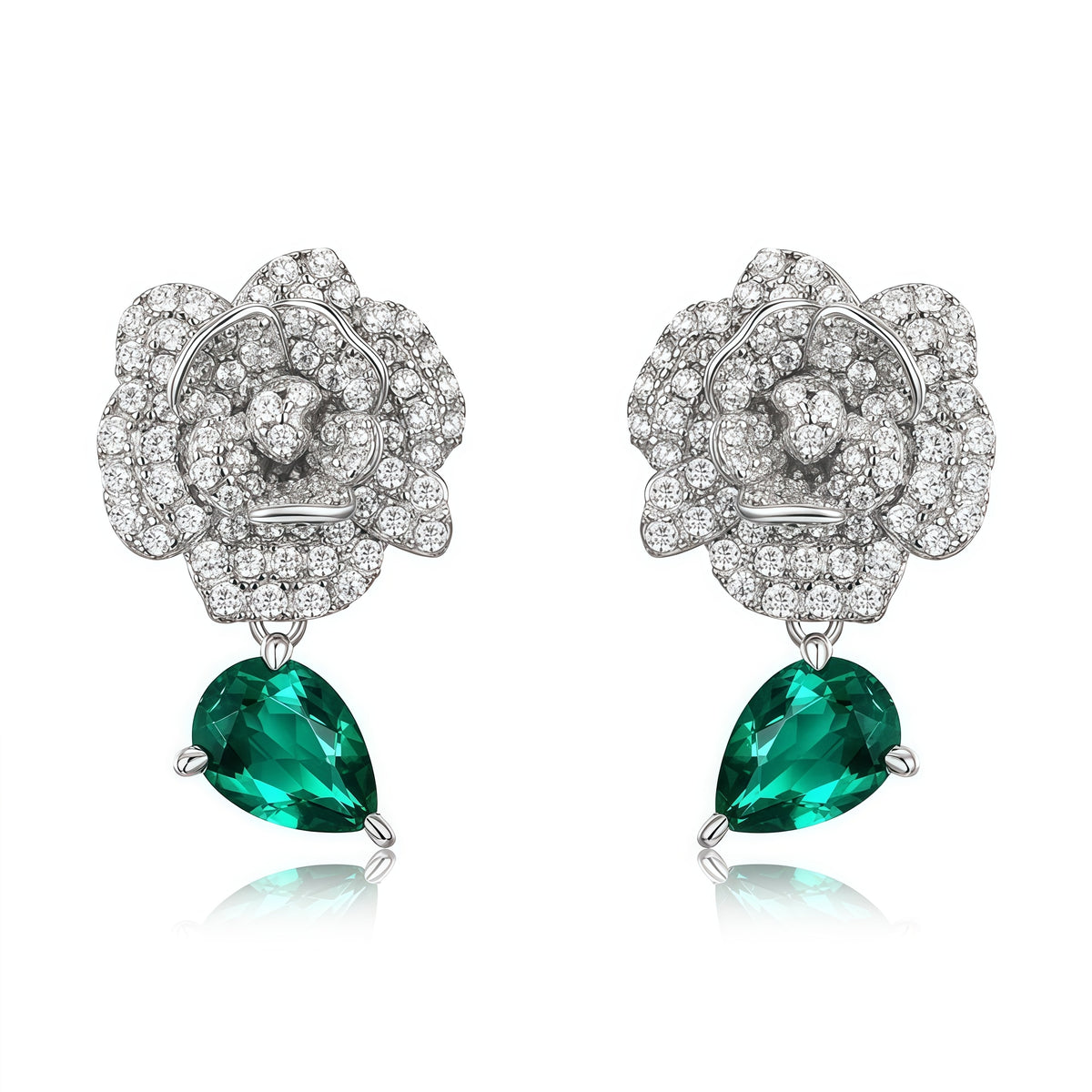 Premium Camellia Blanc: Lab-Grown Emerald Camellia Flower Stud Earrings | 925 Silver