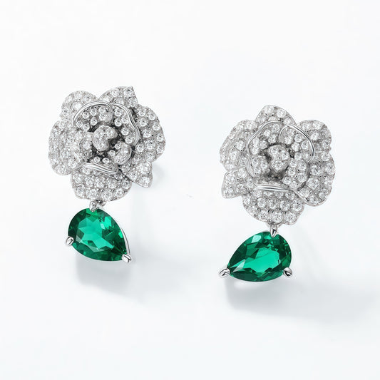 Camellia Blanc: Lab-Grown Emerald Camellia Flower Stud Earrings | 925 Silver | Dapaza