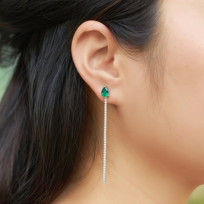 Premium Cascading Dew: Teardrop Lab-Grown Emerald Tassel Drop Earrings | 925 Silver