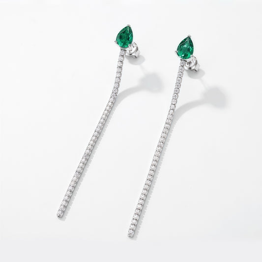 Cascading Dew: Teardrop Lab-Grown Emerald Tassel Drop Earrings | 925 Silver | Dapaza