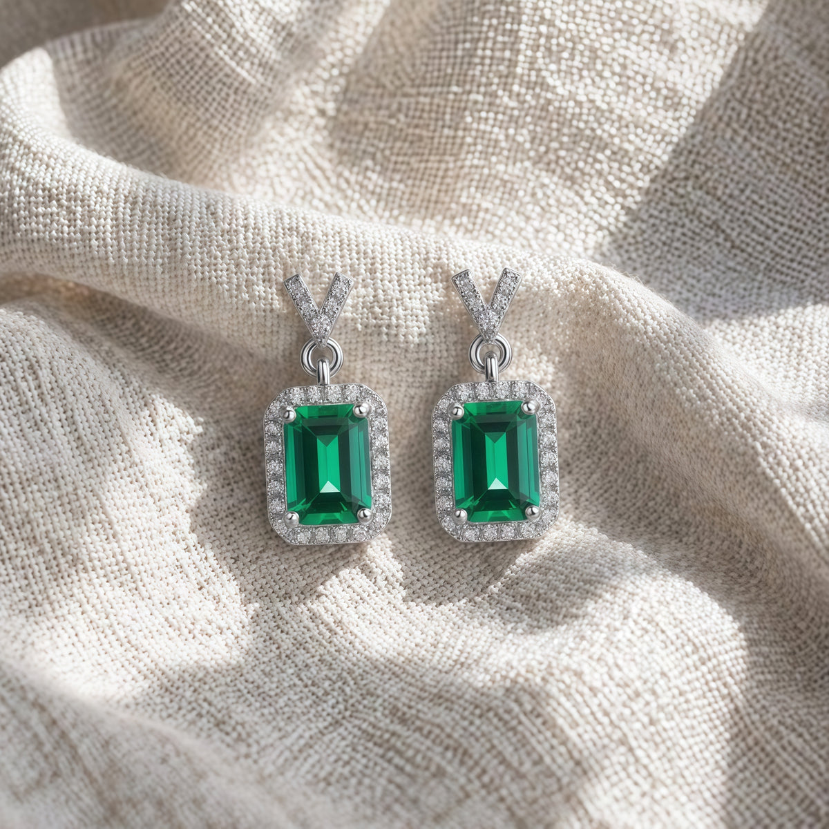 Chic Emerald-Cut Lab-Grown Emerald Drop Earrings - 925 Sterling Silver - Dapaza Jewelry