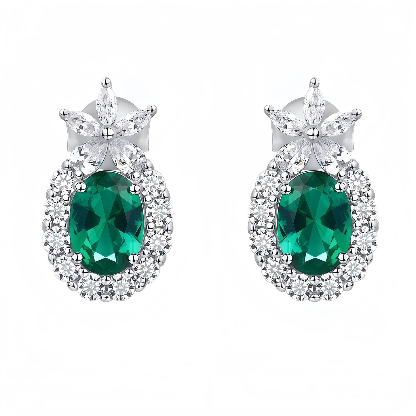Lab-Grown Emerald Halo Stud Earrings in S925 Sterling Silver - Oval Cut Marquise Accent