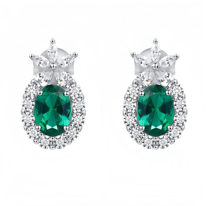 Lab-Grown Emerald Halo Stud Earrings in S925 Sterling Silver - Oval Cut Marquise Accent