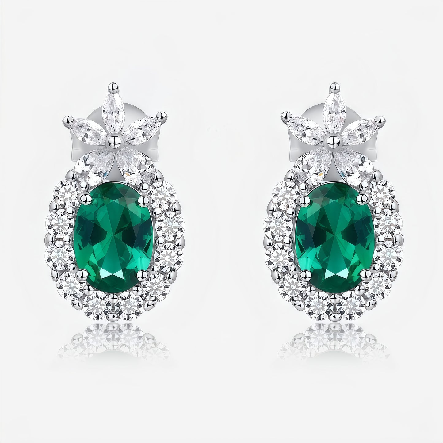 Lab-Grown Emerald Halo Stud Earrings in S925 Sterling Silver - Oval Cut Marquise Accent
