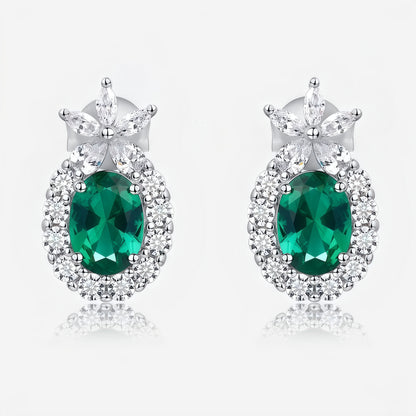 Lab-Grown Emerald Halo Stud Earrings in S925 Sterling Silver - Oval Cut Marquise Accent