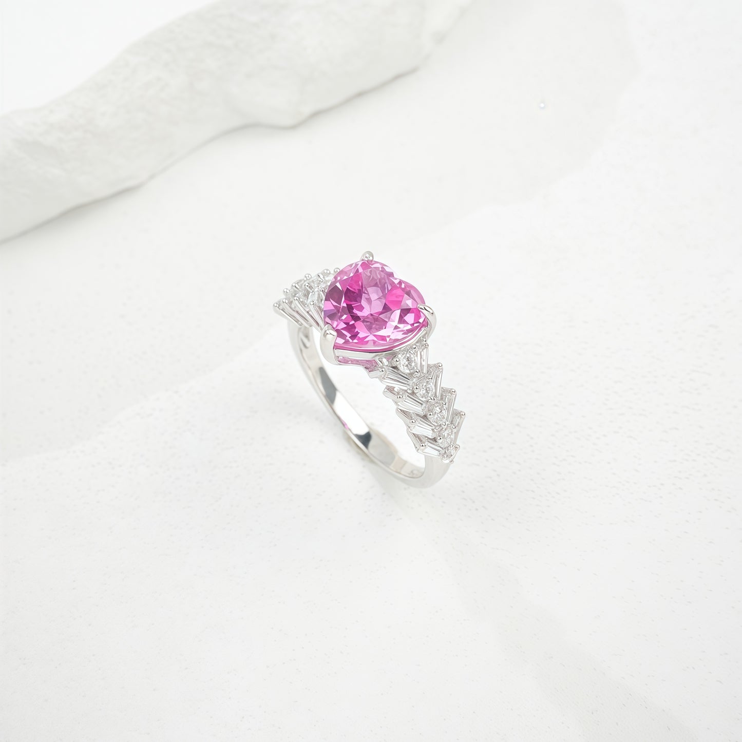 Heart-Shaped Lab-Grown Emerald Ring - S925 Sterling Silver with Baguette Accents