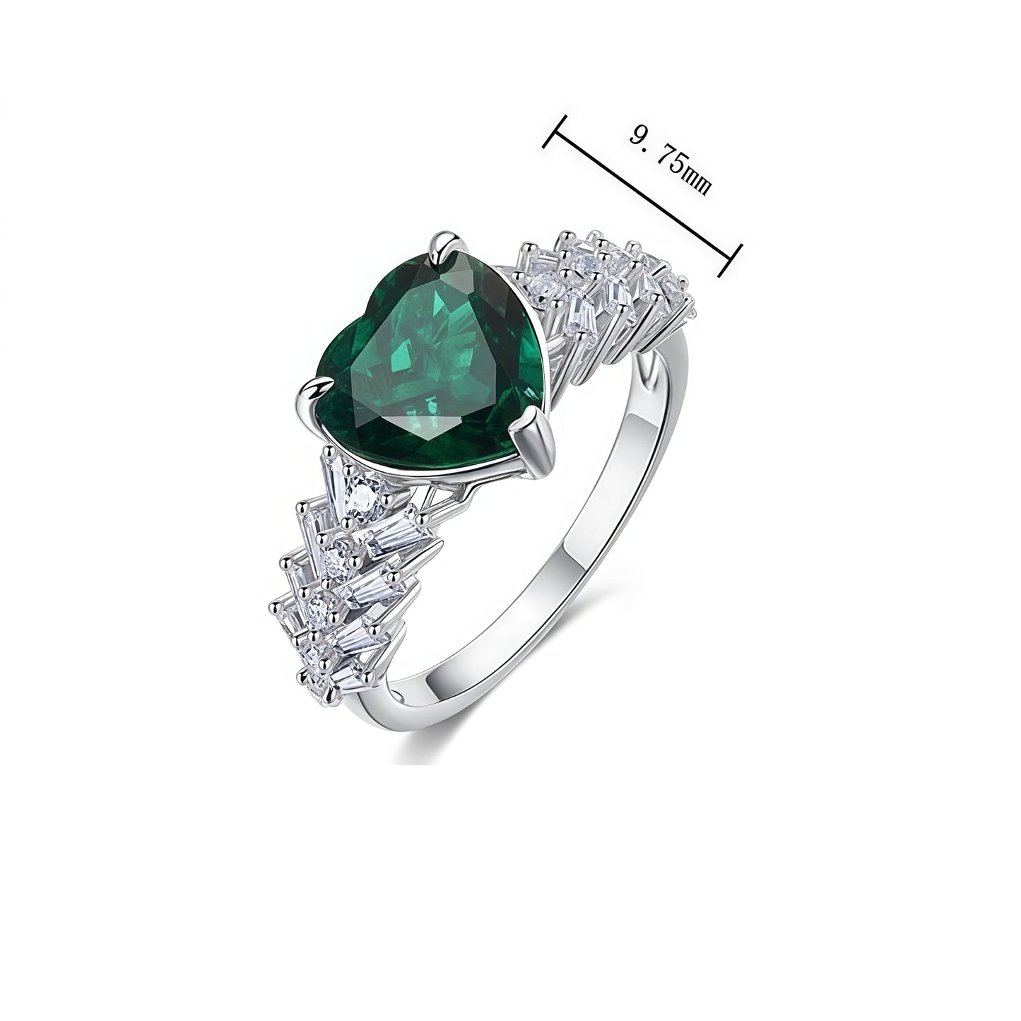 Heart-Shaped Lab-Grown Emerald Ring - S925 Sterling Silver with Baguette Accents