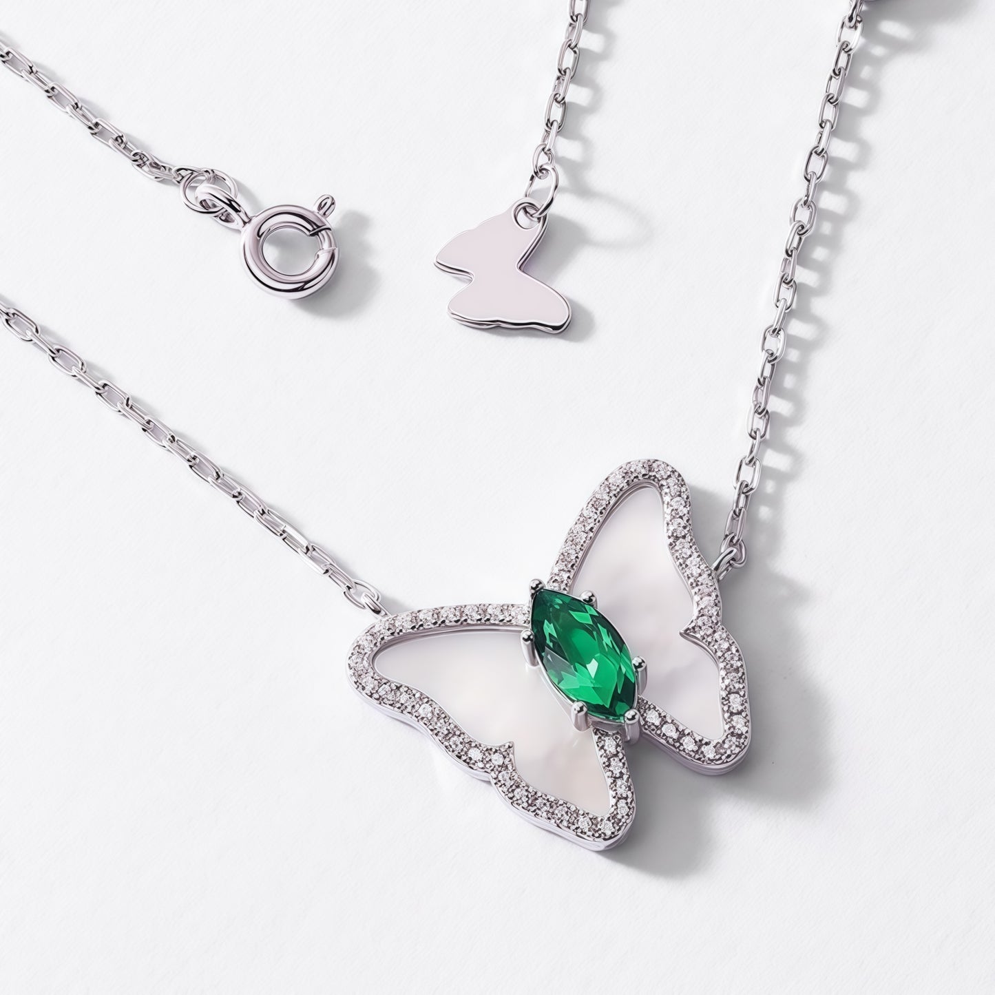 Premium Coastal Charm: Shell Butterfly & Lab-Grown Emerald Necklace | 925 Silver