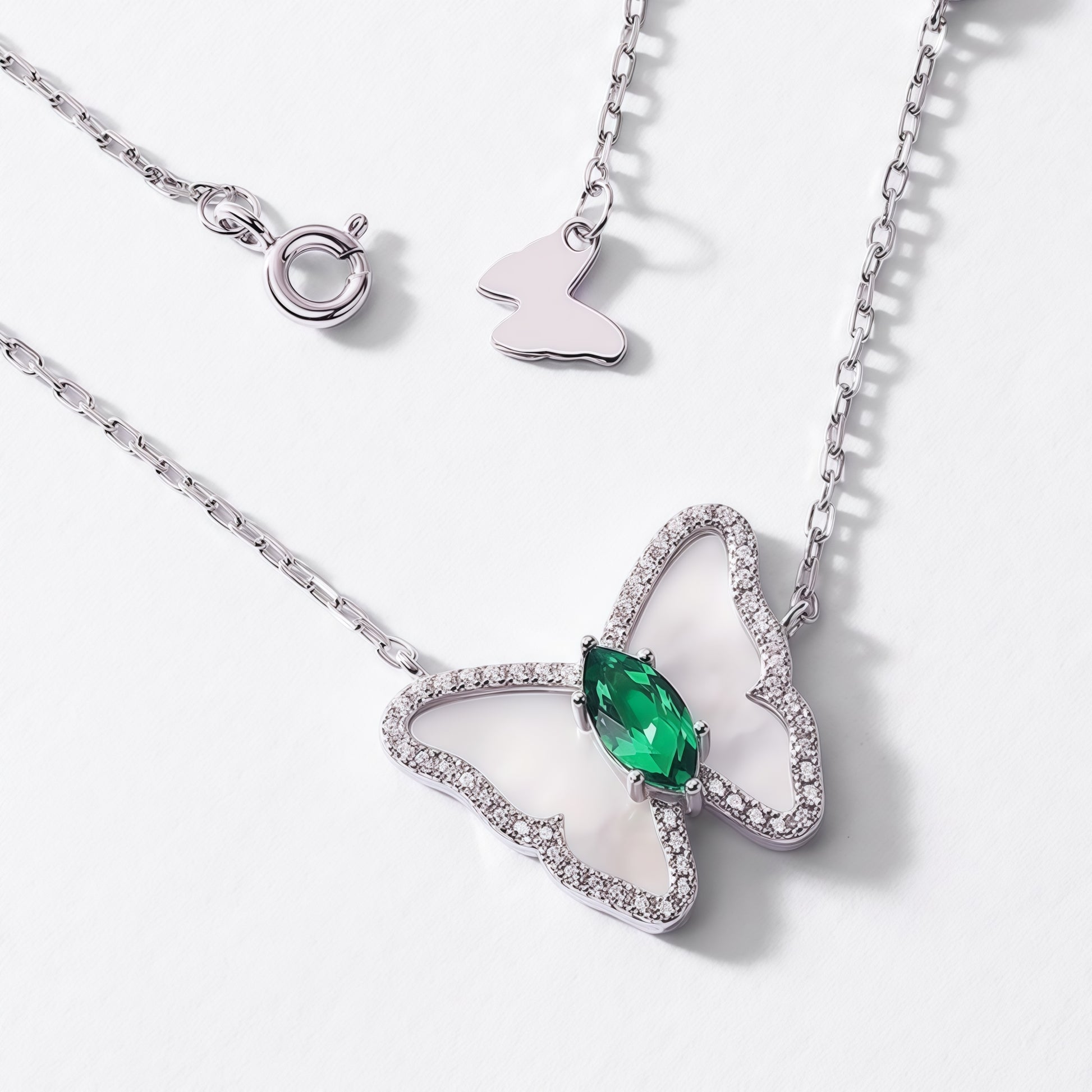 Premium Coastal Charm: Shell Butterfly & Lab-Grown Emerald Necklace | 925 Silver
