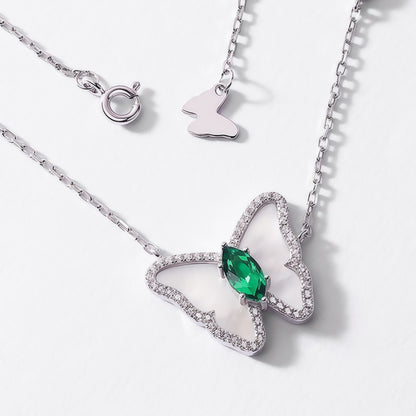 Premium Coastal Charm: Shell Butterfly & Lab-Grown Emerald Necklace | 925 Silver