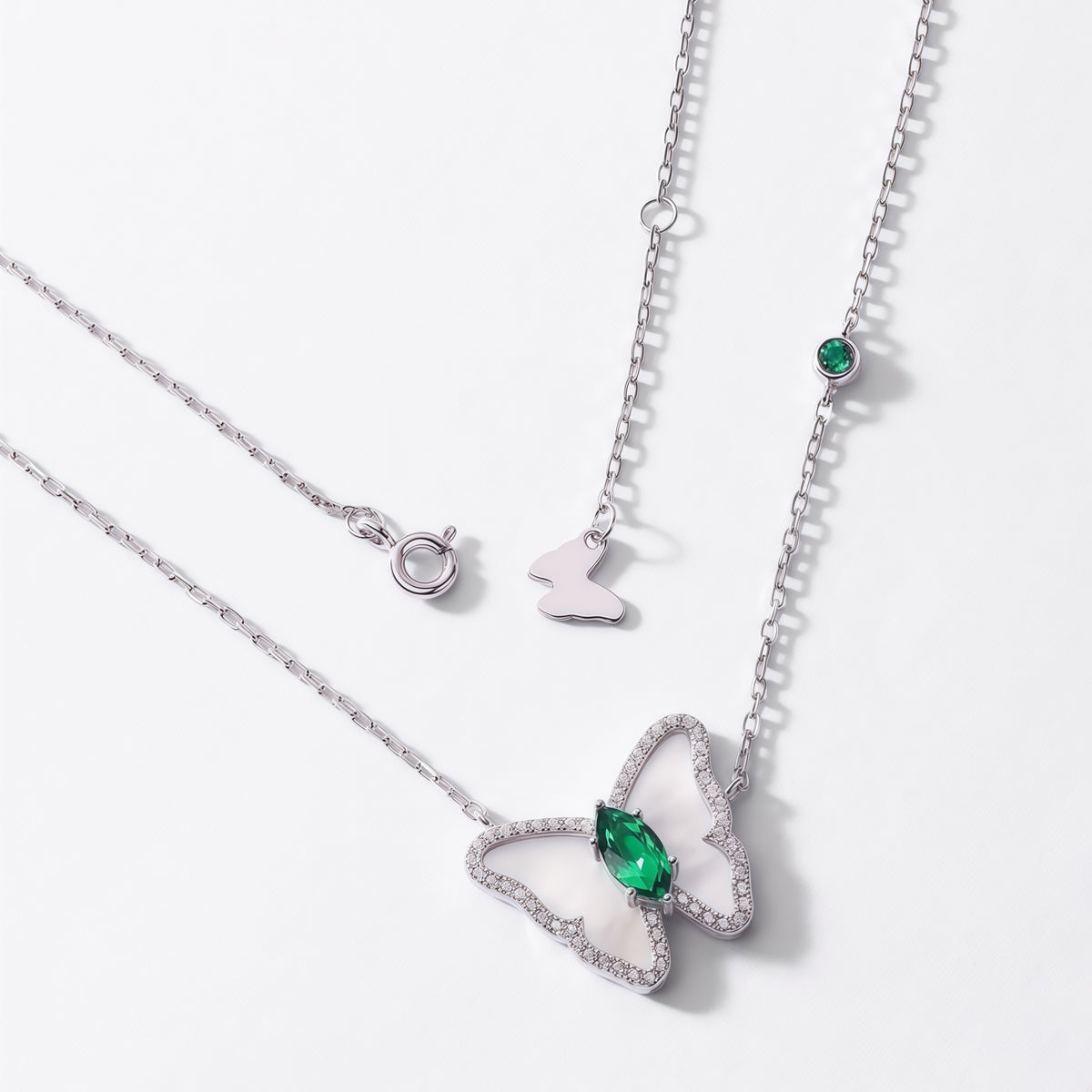 Premium Coastal Charm: Shell Butterfly & Lab-Grown Emerald Necklace | 925 Silver