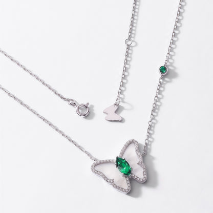 Premium Coastal Charm: Shell Butterfly & Lab-Grown Emerald Necklace | 925 Silver