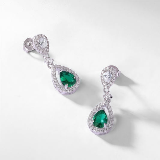 Premium Crystal Dew: Pear-Cut Lab-Grown Emerald Long Drop Earrings | 925 Silver
