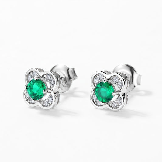 Dainty Clover 0.45CT Lab-Grown Emerald Stud Earrings - 925 Sterling Silver