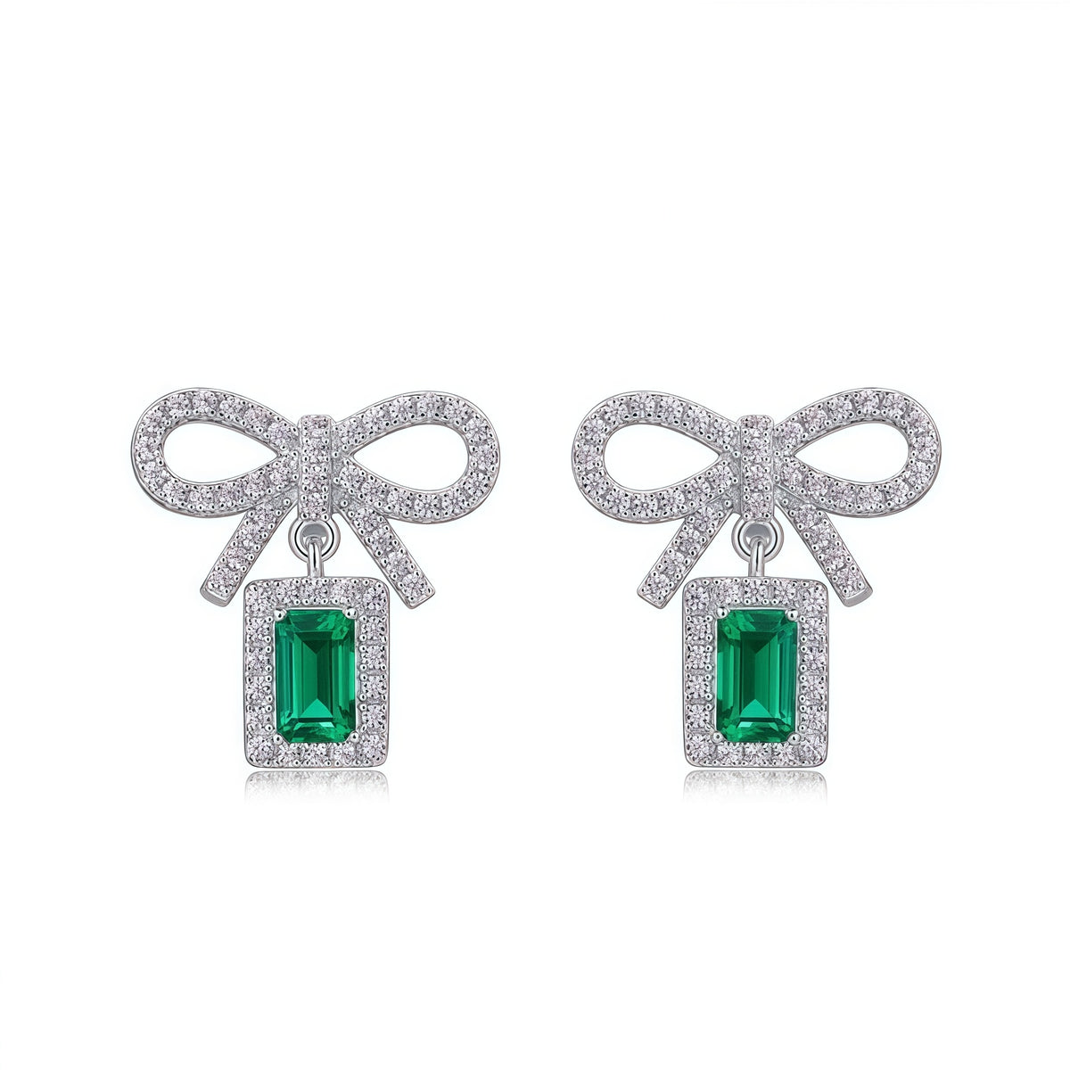 Bow-Knot Lab-Grown Emerald Stud Earrings - 925 Silver - Dapaza