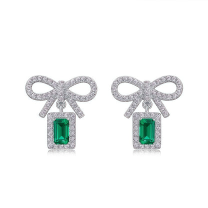 Bow-Knot Lab-Grown Emerald Stud Earrings - 925 Silver - Dapaza